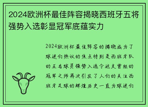 2024欧洲杯最佳阵容揭晓西班牙五将强势入选彰显冠军底蕴实力 2024欧洲杯最佳阵容揭晓西班牙五将强势入选彰显冠军底蕴实力